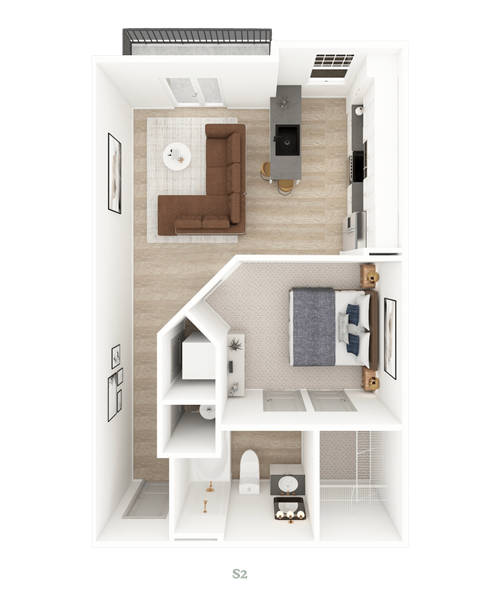 Floor plan for studio, 1 bath, 684 sqft